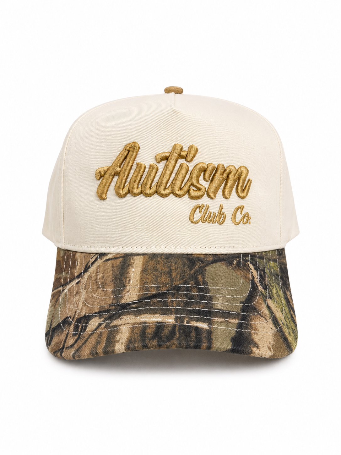 Autism Club Co. Snapback Hat – Cream / Camo (Gold Edition)